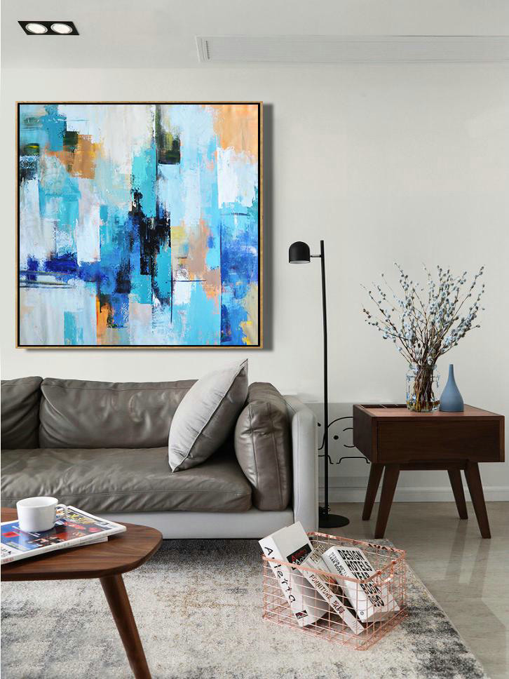 Original Abstract Painting Extra Large Canvas Art,Palette Knife Contemporary Art Canvas Painting,Canvas Painting Wall Decor,Sky Blue,Yellow,White,Blue.etc